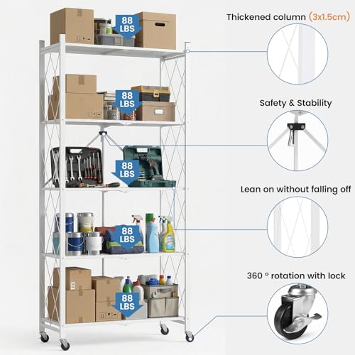 ALANNG 70.7" H Metal Storage Shelves, 5 Tier Folding Shelf on Wheels - color: White