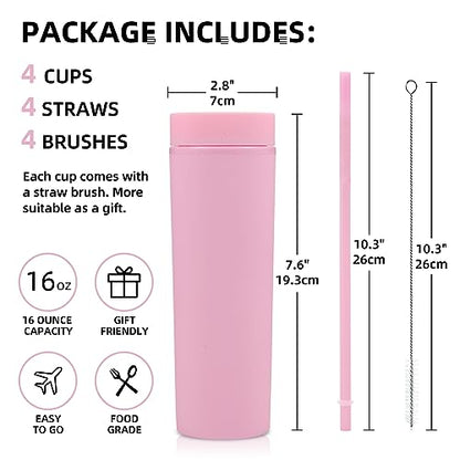 Volhoply 16oz Plastic Skinny Tumbler With Lid and Straw Bulk 4 Pack,Insulated Double Wall BPA Free Matte Acrylic Tumblers,Iced Coffee Travel Mug Reusable Party Cup,Customizable Diy Gifts(Pink,4 Set) - color: Pink