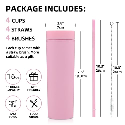 Volhoply 16oz Plastic Skinny Tumbler With Lid and Straw Bulk 4 Pack,Insulated Double Wall BPA Free Matte Acrylic Tumblers,Iced Coffee Travel Mug Reusable Party Cup,Customizable Diy Gifts(Pink,4 Set) - color: Pink