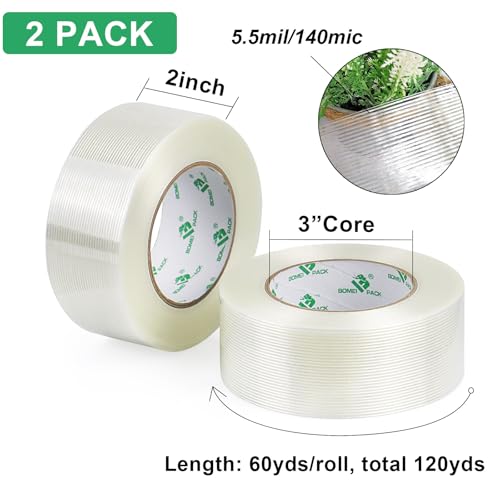 BOMEI PACK Filament Strapping Tape, 5.3 Mil 2 Inch x 60 Yards, Heavy Duty Reinforced Fiberglass Packing Tape, 2 Pack - size: 50mm x 60y/2rolls