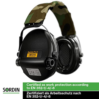 Sordin Pro-X Ear Muffs - Active and Electronic Ear Defenders w/Camo Headband - Gel Pads - Earmuffs for Hunting & Shooting - color: Black
