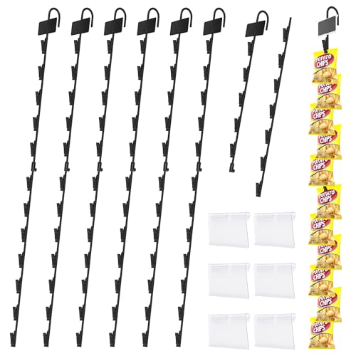 6 Pack Metal Display Merchandising Hanging Strips, 32 inches Retail Metal Strips 72 Clips Rack Display Strips with 6 Head Labels Holder for Clip on Potato Chips Snack1