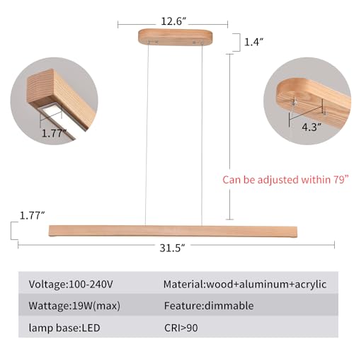 YISDESIGN 31.5" 18W 1-Light Wooden Led Linear Pendant Light Dimmable Led Ceiling Hanging Light Fixtures Modern Chandeliers for Dining Room Kitchen Island Lights Natural - color: Natural, size: 32in