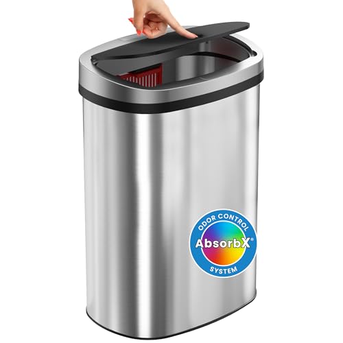 iTouchless Push-Top Lid 13 Gallon Trash Can with Odor Control System – Stainless Steel Garbage Bin, Press-Top Soft-Close Spring Lid, Fingerprint-Resistant for Kitchen, Home Office, Restroom, Business - color: Silver, Black 13 Gal Push Top