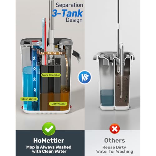 HoMettler 3-Tank Mop and Bucket Set with Separate Dirty & Clean Water, Flat Mop and Bucket System with Wringer, 65" Mops for Floor Cleaning, Safe for Hardwood, Vinyl, Tile, Walls - 6 Washable Pads - color: White-flat Mop With 6 Pads