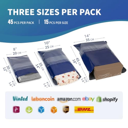 Shipping Bags (45 Pack) with Label Pouch, 3 Sizes, 8x12, 10x14, 14x18 Inch Poly Mailers, Self-Seal Mailing Envelopes, Waterproof, Opaque, Tear-Resistant, for Small Business, Blue