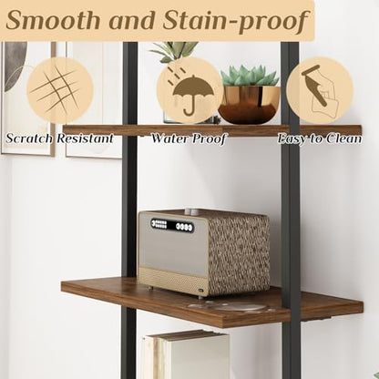 Karl home Rustic Brown 5 Tier Wall Mount Ladder Shelf, Metal Frame Bookcase - color: Rustic Brown