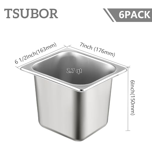 6 Pack Hotel Pans 1/6 Size 6" Deep Stainless Steel Steam Table Pan w/Lids - color: 1/6, size: 6'' Deep