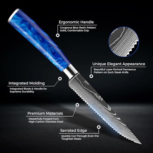 SENKEN Professional 6-Piece Steak Knife Set with Engraved Damascus Pattern, Razor Sharp Blade, High Carbon Steel with Gift Box (Blue) - color: Cerulean Blue