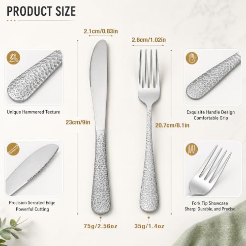 Nuenen 100 Pieces Hammered Silverware Set Stainless Steel Forks and Knives Dinner Flatware Set Tableware Cutlery for Butter Kitchen Restaurant, Dishwasher Safe - color: Silver, size: 9.06 Inches,8.15 Inches