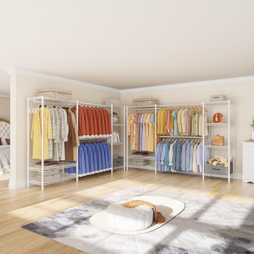 Golpart Heavy Duty Clothing Rack with Adjustable Shelves Clothes Wardrobe - color: White, size: 15"DX(70-87)"WX74.5"H