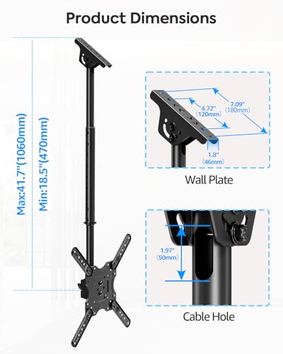 MOUNTUP Ceiling TV Mount for Most 24''- 65'' TVs, Hanging TV Ceiling Mount for 32 42 43 50 55 60 65 inch Screen, Full Motion Height Adjustable Bracket, Holes up to 99lbs, Max VESA 400x400mm, MU0039 - size: Height 30.2'', Indoor