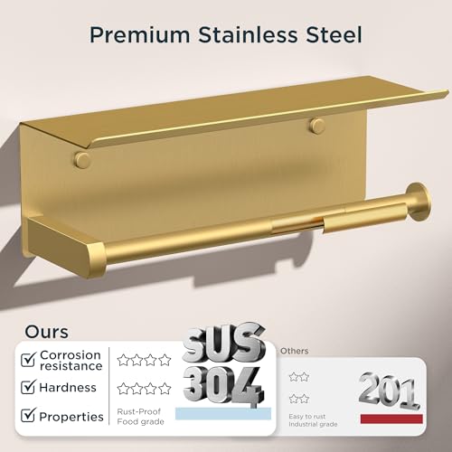FORIOUS Wall Mount Paper Towel Holder with Shelf for Kitchen, Brushed Gold - color: Brushed Gold