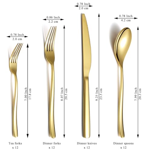 Berglander Gold Silverware Set 48pcs Service for 12, Golden Titanium Plating Stainless Steel Flatware Set, Gold Spoons Forks Knives Set for Home, Wedding, Restaurant, Hotel, Dishwasher Safe - color: c. 48 Pcs