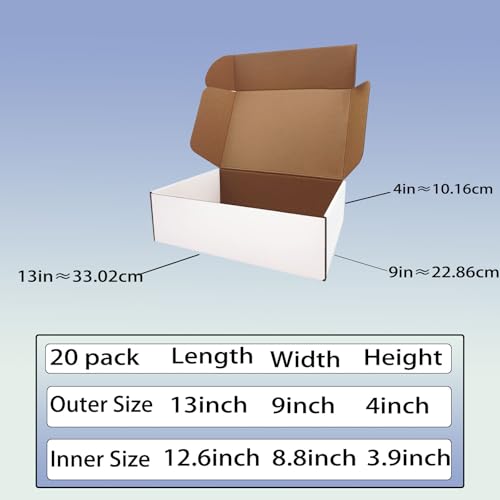 13x9x4 inch Shipping Boxes Set of 20, White Corrugated Cardboard Mailer Box - size: 13x9x4 -20 Pack