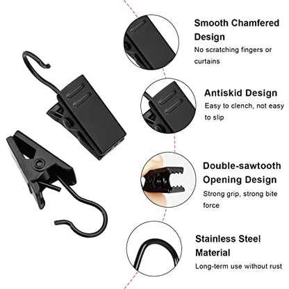 Coideal Small Curtain Clips with Hooks, Stainless Steel, Black, 100 Pack - size: Small