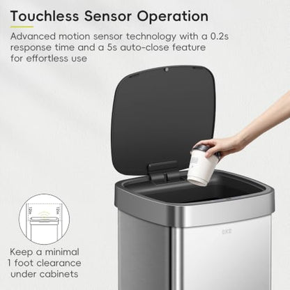 EKO EcoSmart Tall and Large Kitchen Trash Can or Recycling Bin, 80L/21.1G High Capacity, Touchless Soft Square Motion Sensor Garbage Can, Brushed Stainless Steel - size: EcoSmart 80 liter - Stainless Steel