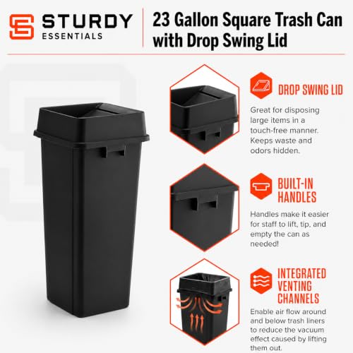 23 Gallon Black Square Plastic Kitchen Trash Can with Drop Lid - color: Black
