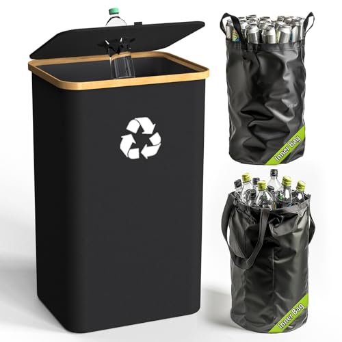 Recycling Bin for Kitchen Indoor Home, Large 26 Gallon 100L Recycle Bin with Lid Removeable Reusable Inner Bag Bottle Can Glass Waste Plastice Stickers,Black - size: Black-26Gallon