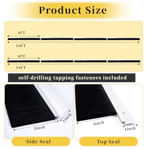 tonchean 16 x 8 Ft Two-Car Roll Up Garage Door Brush Seal Kit Top & Side