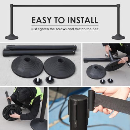 Crowd Control Stanchion Set, 4Pcs 10-Foot Retractable Belt Posts - color: Black