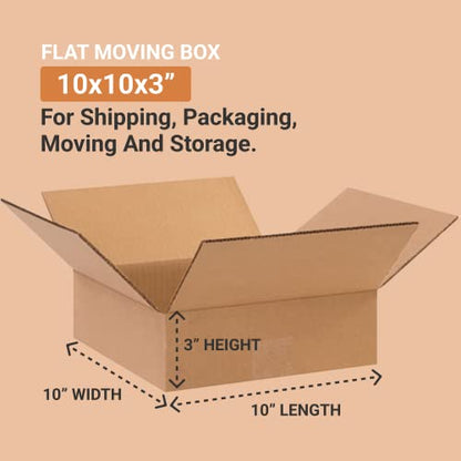 BOX USA 10103 Flat Corrugated Cardboard Box 10" L x 10" W x 3" H, Kraft, For Shipping, Packing and Moving (Pack of 25) - size: 10x10x3" (20-Pack)