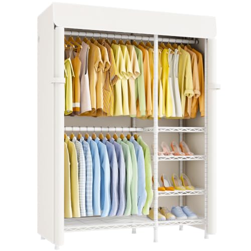 ULIFHOME F2C Clothes Rack with Beige Cover, 47.2" W x 16.5" D x 78.3" H - color: White Closet with Beige Cover