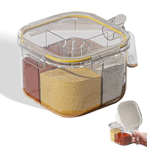 4-Compartment Clear Seasoning Box with Lids and Spoons, Airtight Condiment Organizer, Kitchen Spice Container Set for Salt, Sugar, Pepper (Transparent) - color: Transparent