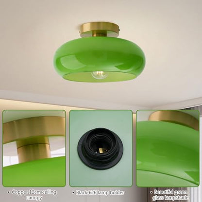 Green Ceiling Light - Mid Century Modern Flush Ceiling Light with Milk Glass Globe and Dark Green Lamp Shade in Brushed Brass Close to Lamp for Dining Room Hallway Kitchen Island - color: Flush-Green