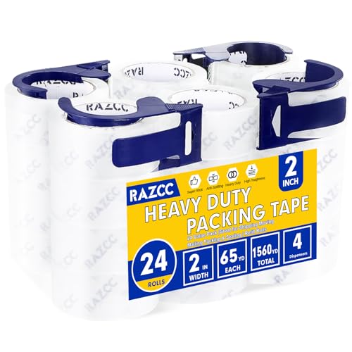 RAZCC Clear Packing Tape, 24 Rolls Heavy Duty Packaging Tape with Dispensers for Packing Shipping Moving and Sealing, Thicker Packing Tape-2" x 65 Yards Per Roll, 1560 Total Yards - size: 2"-24 Rolls