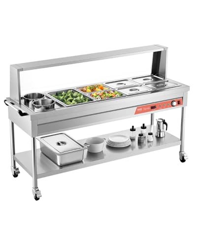 VEVOR Commercial Electric Food Warmer, 7 Pans + 2 Pots Steam Table, 1800W Professional Buffet Catering Food Warmer with Shield Undershelf Wheels, Stainless Steel Server for Party Restaurant - size: 7 Pans + 2 Pots