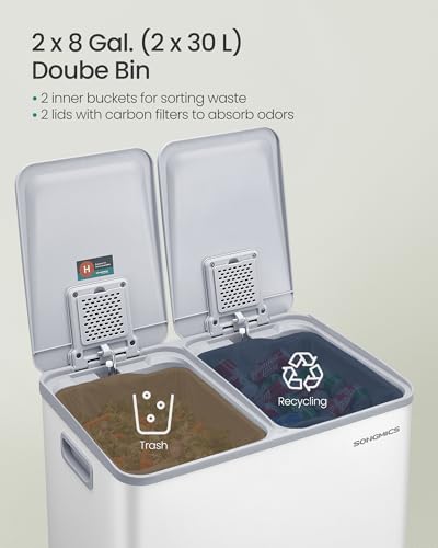 SONGMICS Trash Can, 2 x 8 Gallon (2 x 30 L) Dual-Compartment, Soft-Close - color: Matte White, size: 2 x 8 Gallon