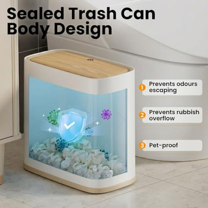 Bathroom Trash Can, 2.1 Gal Small Slim, Plastic White, Faux Wood Grain Lid - color: White and Wood Grain, size: 8L/2.1Gal
