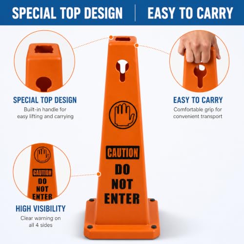 BESEA 4Pack Red Cones Caution DO NOT Enter Sign 4-Sided Heavy Duty Traffic Cones with Weighted Base for Restricted Areas, Construction Zones, Private Property - color: Red, size: 26.5INCH With Caution Sign