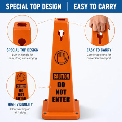 BESEA 4Pack Red Cones Caution DO NOT Enter Sign 4-Sided Heavy Duty Traffic Cones with Weighted Base for Restricted Areas, Construction Zones, Private Property - color: Red, size: 26.5INCH With Caution Sign