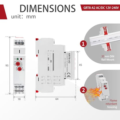 Delay On Time Relay 16A GRT8 A2 Timer Relay Voltage Range AC DC 12V to 240V - size: GRT8-A2 AC/DC 12V-240V