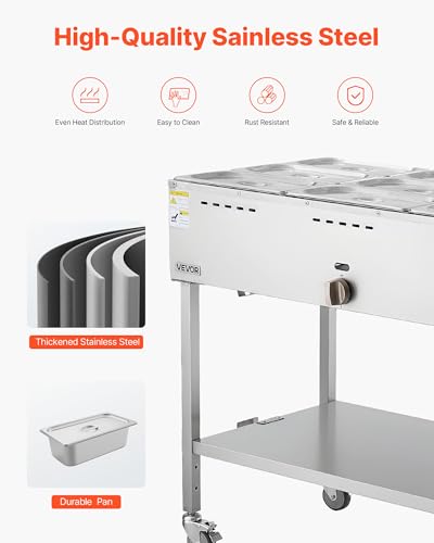 VEVOR 9-Pan Commercial Propane Steam Table, LP Gas Outdoor Soup Warmer with Drain Valve and 3" Wheels, Stainless Steel Propane Food Warmer with Adjustable Temperature, for Restaurant Outdoor Camping - size: 9×1/3 Pan;72QT