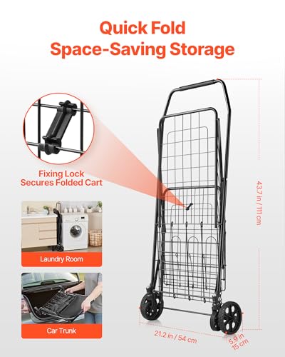 VEVOR Shopping Cart, Folding Grocery Utility Cart with Dual Baskets, Waterproof Liner & Wheels, 100 LBS Large Load Capacity, Heavy Duty Laundry Basket for Laundry, Shopping, Camping, Grocery, Luggage - size: Medium