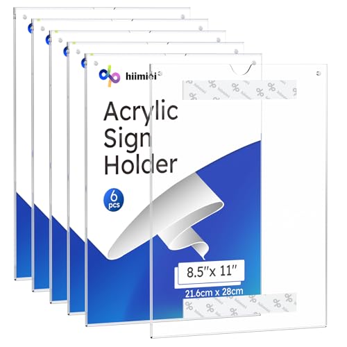 HIIMIEI Acrylic Sign Holder 8.5 x 11 Wall Mount with Paper Fixing Magnet and Double-Sided Tape, No Drilling Required (6 Pack) - Perfect for Office, Home, Store, and Restaurant