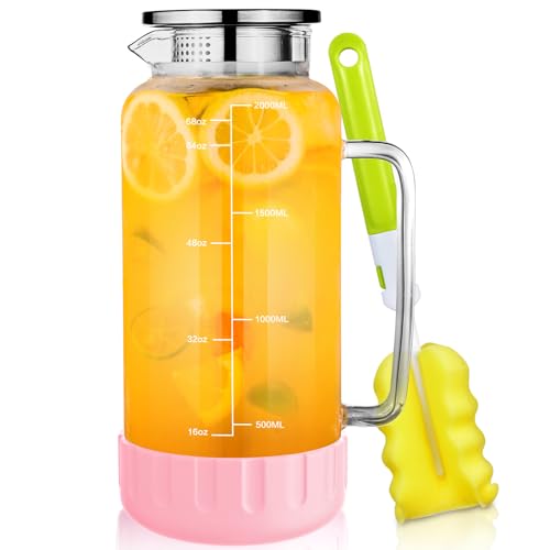 Aofmee 68oz Glass Pitcher with Lid and Handle for Fridge, Pink Silicone - color: Pink Silicone