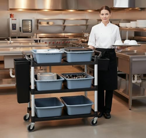 Storage Cart 3 Tier Heavy Duty Commercial Grade Utility Cart,Dish Cart for Restaurant,Multi-Function Mobile Shelving Unit Organizer for Hotel,Restaurant,Kitchen,Laundry Room with 6 Basin 2 Barrels - size: 40X20X38IN