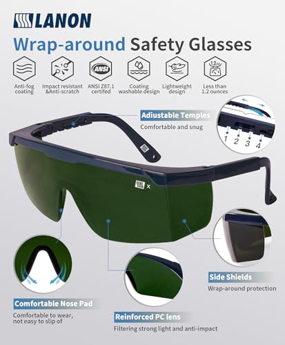 LANON Welding Safety Glasses, ANSI Z87.1, IR Filter Shade 5.0 Lens