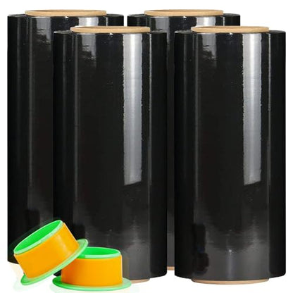 CHUANGSEED Black Stretch Film 12‘’ x 1000 Feet 4-Pack 80 Gauge Industrial Strength Shrink Film with Plastic Handle,Durable Self-Adhesive Plastic Wrapping for Moving,Shipping - color: Black, size: 4 PACK
