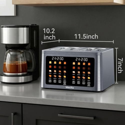 Mecity 4 Slice Toaster Wide Slot, Auto Lift Keep Warm Smart Toaster with Touch Screen, Dual Control Panel, Defrost, Auto Shut Off Digital Toasters for Bagel Muffin Waffle Gluten Free Breads1700W 120V - color: 4 Slot-Brushed stainless steel gray