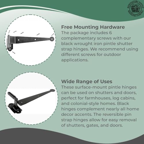 Renovators Supply Manufacturing Black Cast Iron Pintle Strap Hinges 11-3/4 Inch Offset Lift Off Shutter Gate Door Hardware RSF Rustic Colonial Reversible Hinges with Screws - size: Pack of 1