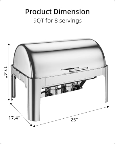 Roll Top Chafing Dish Buffet, 9QT Food-Grade Stainless Steel Commercial Chafer for Catering, Parties, and Weddings, 1 Full Sized Pan+2 Half Sized Pans - color: 9qt-silver Rectangular, size: 1 Full Sized Pan + 2 Half Sized Pans
