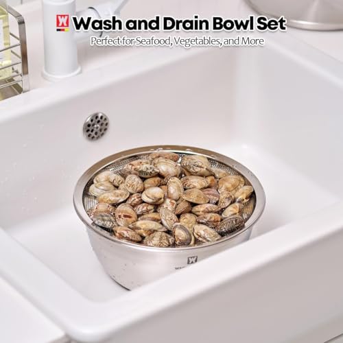 WAGENSTEIGER 3-Piece Stainless Steel Mixing Bowl Set with Strainer & Oil Drain Tray – Nesting Prep & Baking Bowls with Measurement Marks (8.66 in) - size: 8.66 in