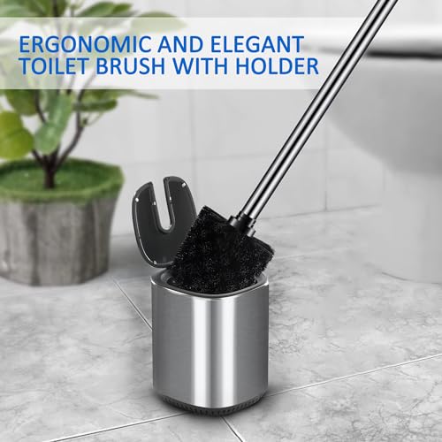Toilet Bowl Brush and Holder, Toilet Brush with Stainless Steel Handle and Durable Bristles for Bathroom Cleaning, Automatic Closing Holder Set (Silver) - color: Silver