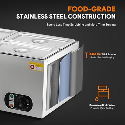 WILPREP Commercial Food Warmer with Four 1/4 Pans, 1500W Countertop Electric Steam Table, 86-185°F Adjustable Temp Control & Over-Temp Protection, Stainless Steel Buffet Bain Marie - size: 1/4 pan*4