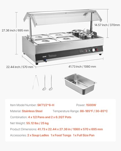 VEVOR Electric Soup Warmer, Two 6.34QT Pots & Four 1/2 Pans, Stainless Steel Commercial Food Warmer with 86~185°F Adjustable Temp, 1500W Bain Marie with Cover, Soup Station for Restaurant, Buffet - size: 2×6L Pots and 4×1/2 Pans